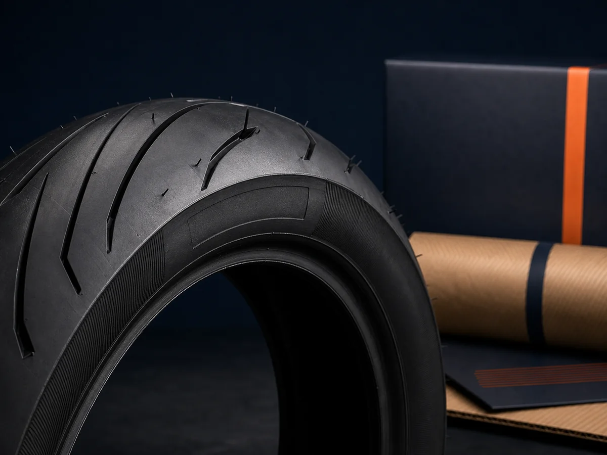 Pneu moto préparé pour une marque privée